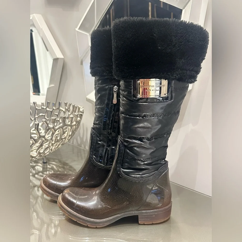 Gianmarco Lorenzi Luxury Italian Designer Faux Fur Trim Lining Rain Boots- 37